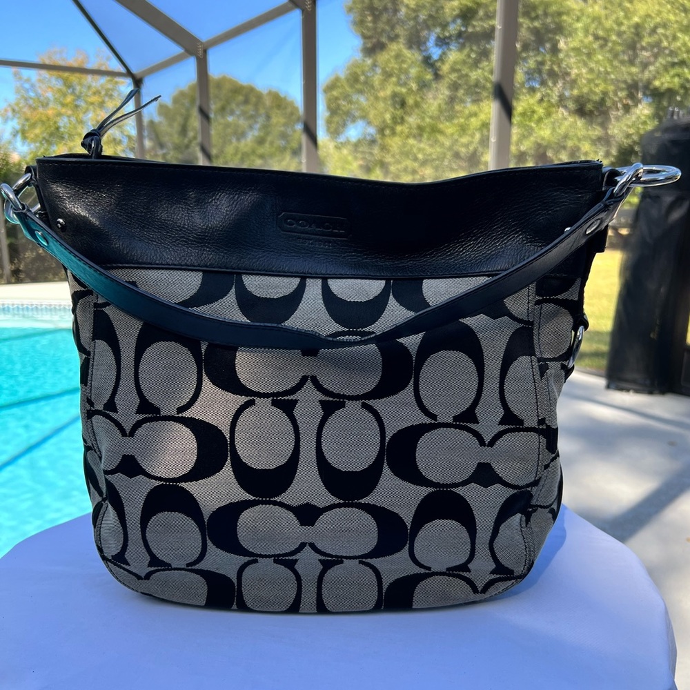 COACH Black Leather and Grey Signature Fabric Hobo. Good Used Condition